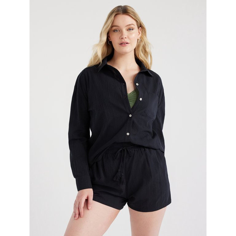 Time and Tru Women's and Women's Plus Cotton Button Front Coverup Shirt, Sizes XS-3X | Walmart (US)