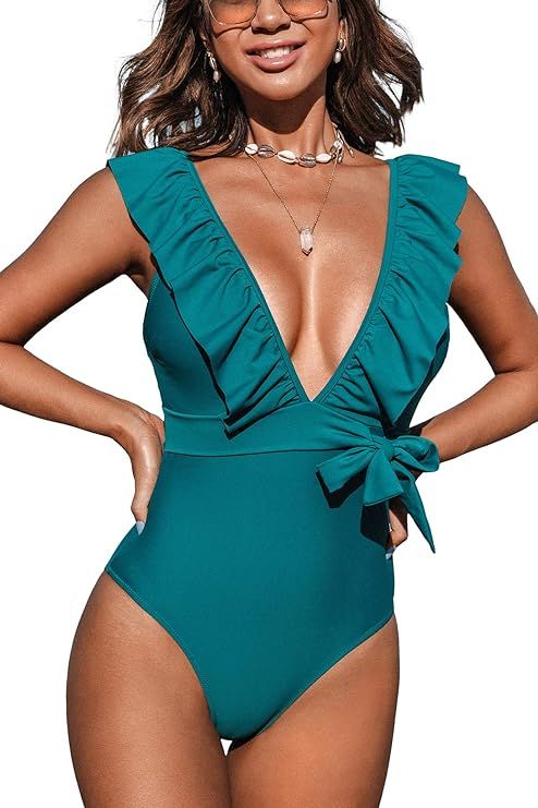 CUPSHE Women's Teal Plunging Ruffled Tie at The Waist One Piece Swimsuit | Amazon (US)