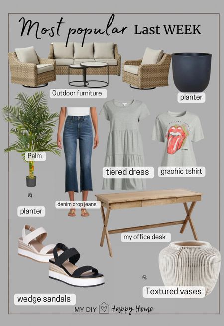 This past weeks most loved and best sellers:

•My outdoor furniture set
•palm tree 
•white fluted planter
•black planter 
•cropped denim 
•tiered dress with pockets 
•graphic tees 
•wedge sandals 
•my office desk 
•textures vases (two sizes)

#LTKhome #LTKSeasonal #LTKstyletip
