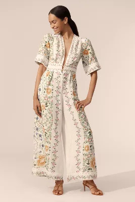 Farm Rio Folk Floral Linen Blend Short-Sleeve Wide-Leg Jumpsuit | Anthropologie (US)