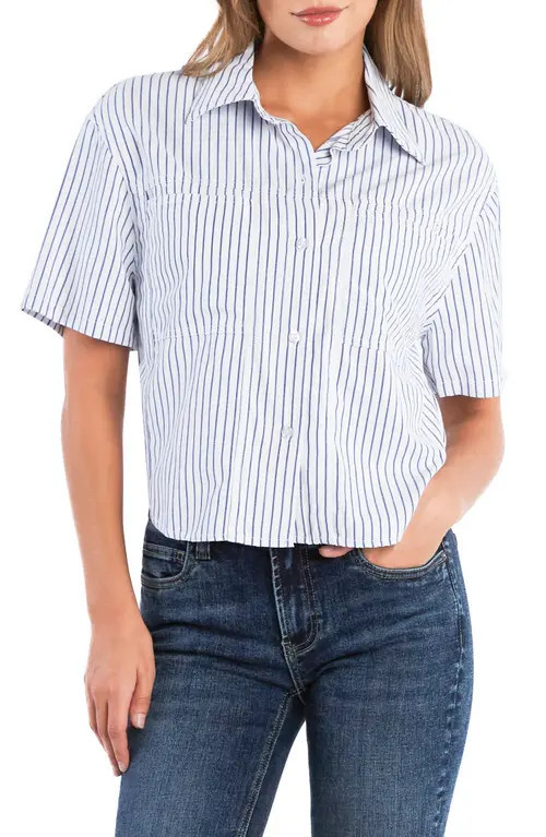 Billy T Spot On Stripe Linen Blend Crop Button-Up Shirt in Navy Blue Stripes at Nordstrom, Size X-Large | Nordstrom