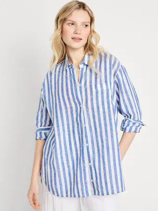 Linen-Blend Button-Down Boyfriend Shirt | Old Navy (US)
