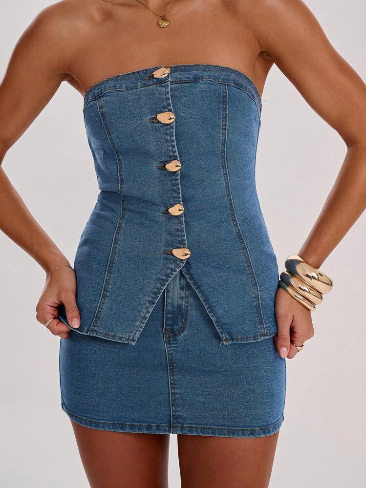 SHEIN BAE 2 Pieces Women's Slim Fit Bandeau Denim Top And Mini Skirt Two-Piece Set - Elegant Denim Outfit, Loose Wide Leg Denim Skirt, Women's High Waist Denim, Commuter Casual, Airport Outfit, Suitable For Any Occasion, Washed Denim Blue Outfit, Night Out | SHEIN