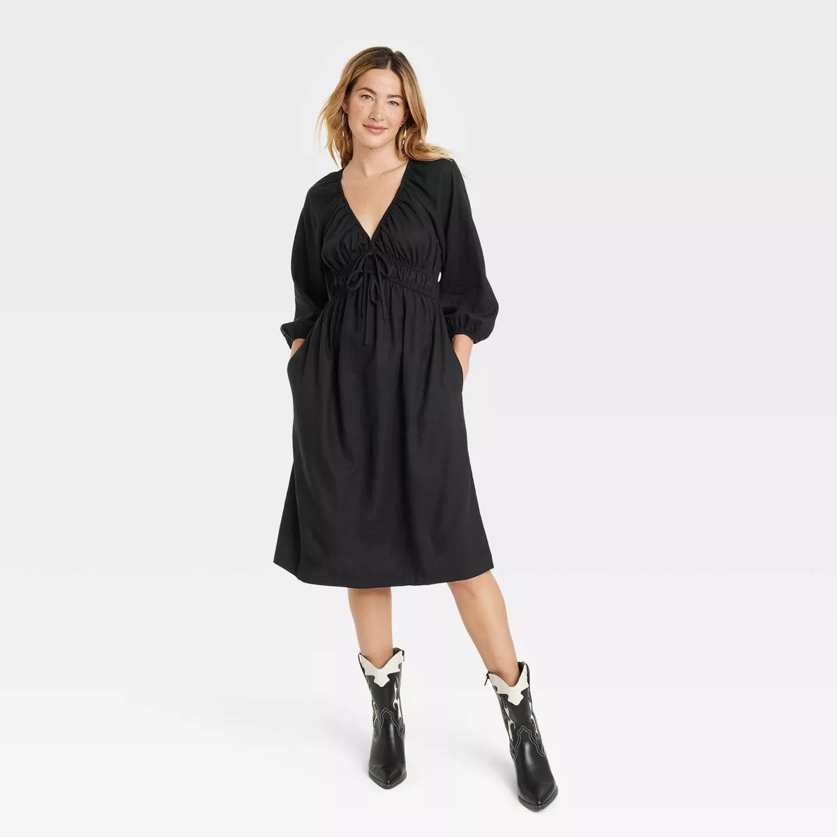 Women's Tie-Front Puff 3/4 Sleeve Midi Dress - Universal Thread™ | Target