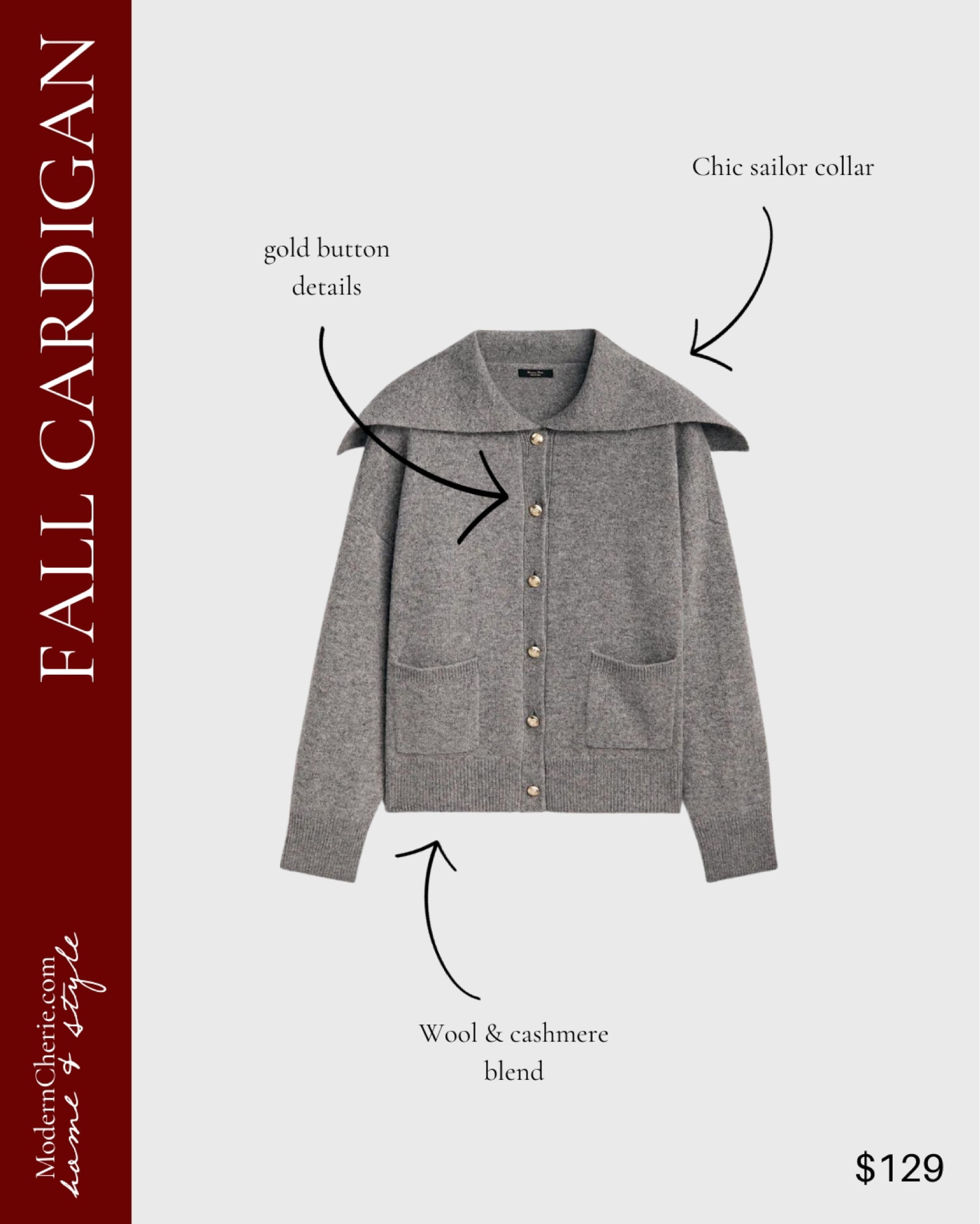 Fall grey cardigan with sailor collar and gold buttons. Fall style Inspo. Cardigans with gold buttons. Celine dupe. Cashmere and wool blend cardigan  

#LTKHoliday #LTKstyletip