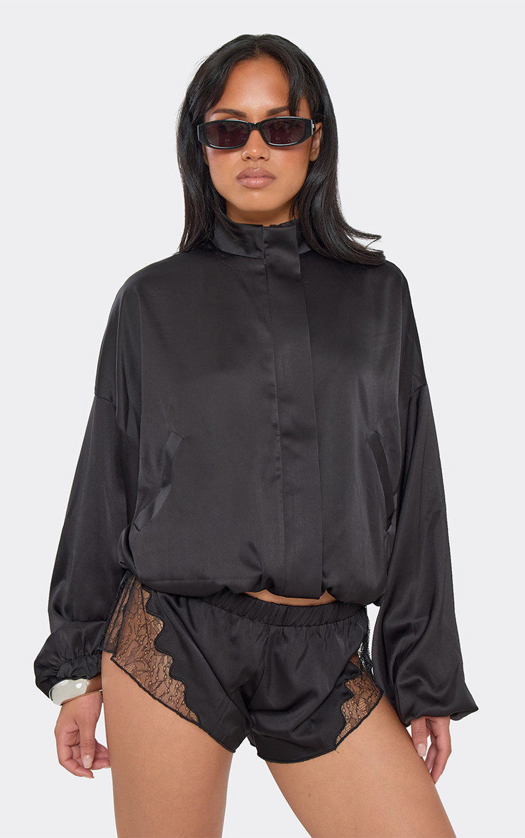 Long Sleeve High Neck Zip Up Jacket In Black Satin, Women's Size UK 12 | EGO (UK)