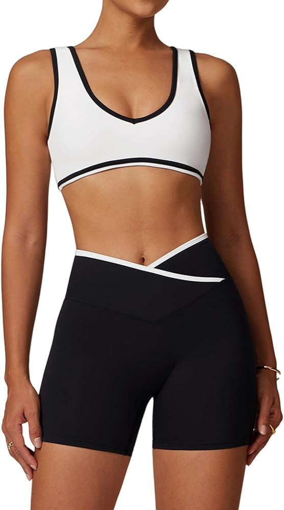 Two Piece Workout Sets for Women Color Block Sports Bra and Scrunch Butt Lifting Shorts Gym Yoga ... | Amazon (US)