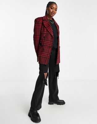 Miss Selfridge check blazer jacket with extreme shoulders in red | ASOS (Global)