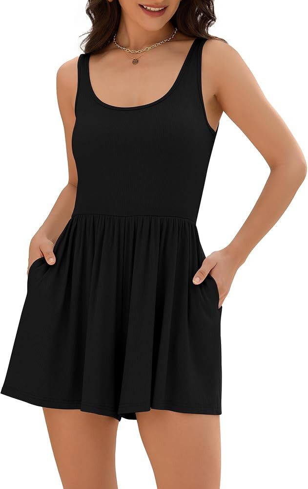 ZAFUL Womens Rompers Summer Sleeveless Tank Tops One Piece Playsuits Short Flowy Beach Jumpsuit with Pockets | Amazon (US)