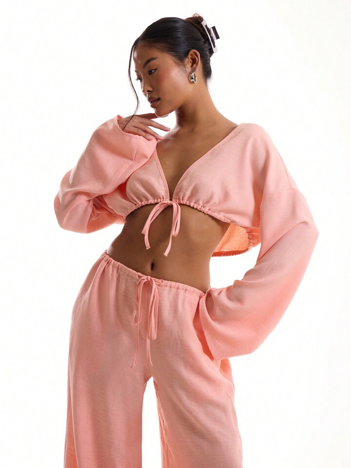 MUSERA Linen Feel Tie Front Wide Sleeve Beach Top | SHEIN