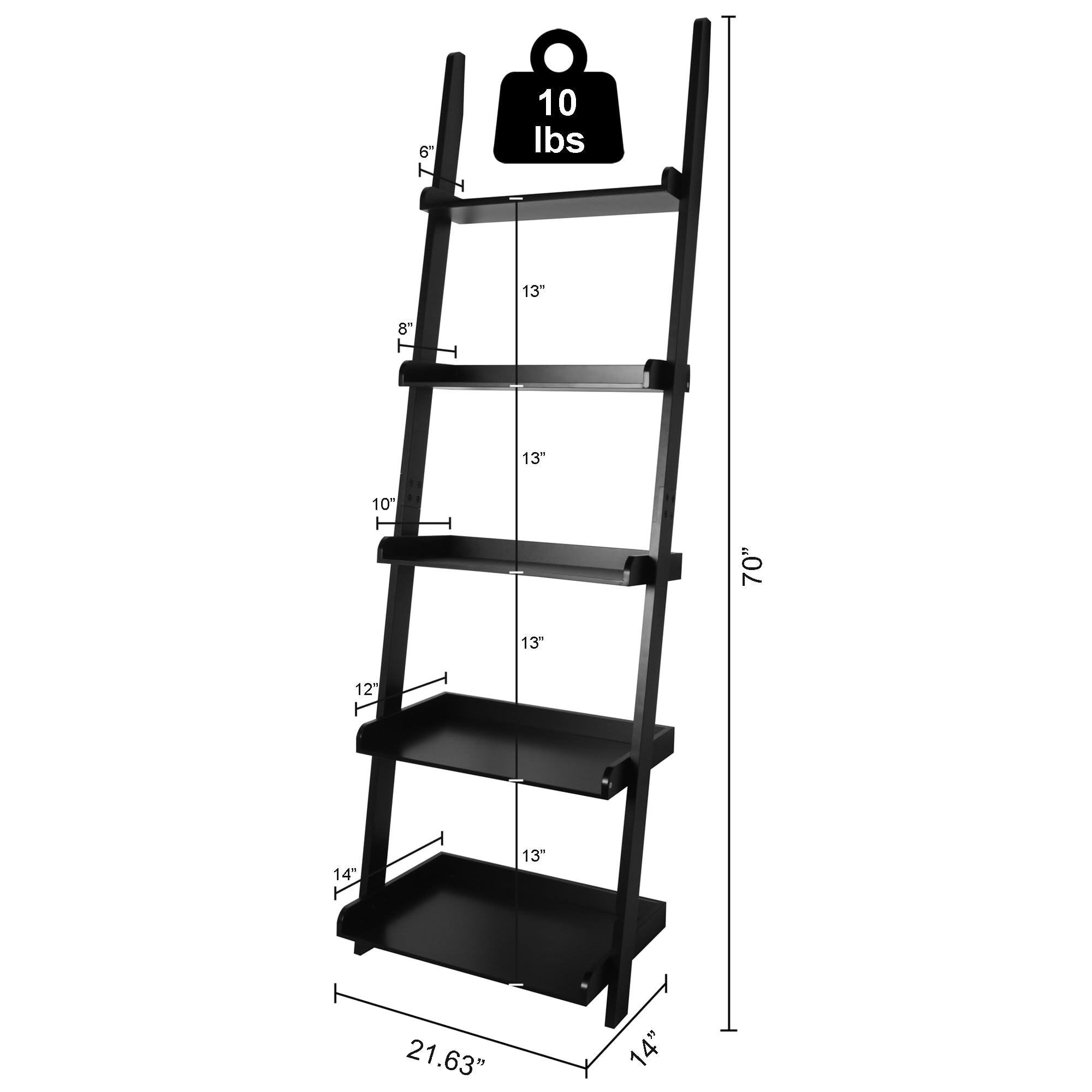 eHemco Modern 5 Tier Leaning Wall Ladder Bookshelf Organizer, Storage Rack, 70 Inches, Black | Amazon (US)