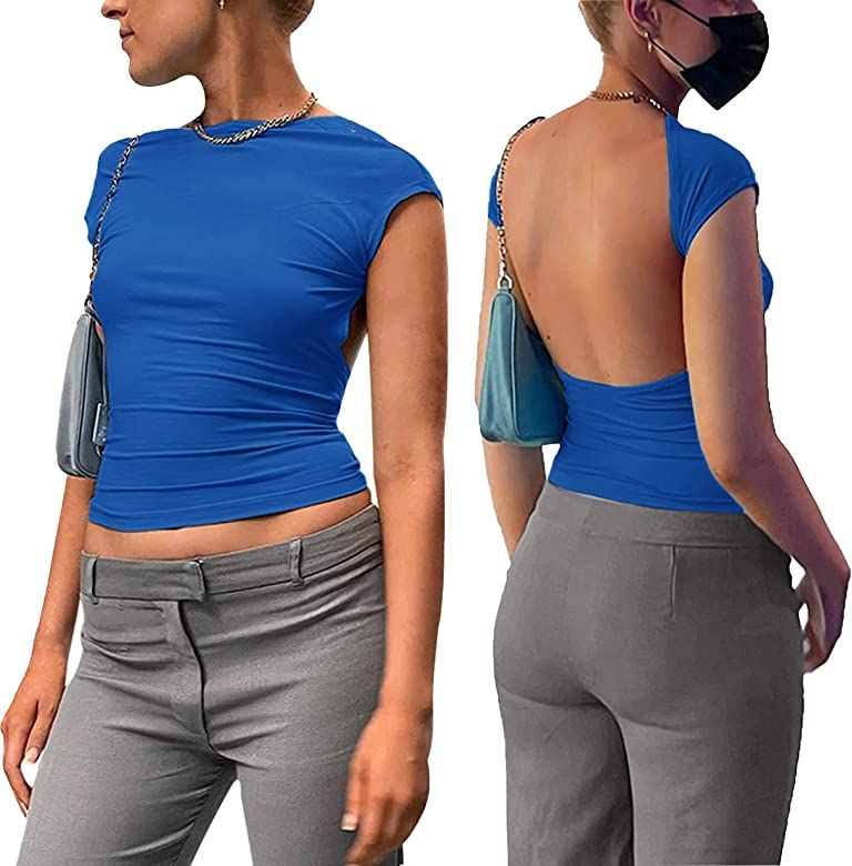 ForeFair Women Sexy Backless Short Sleeve Slim Fit Crewneck Summer Casual Y2K Crop Tee | Amazon (US)