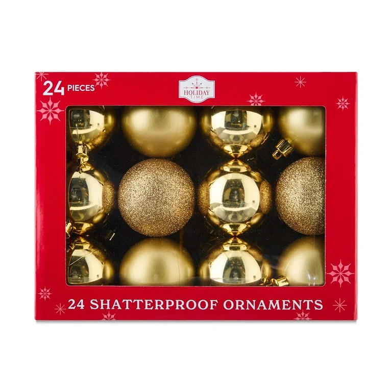 24-Count Gold Shatterproof Multi-Textured Christmas Ornaments, 2.36 in, by Holiday Time | Walmart (US)
