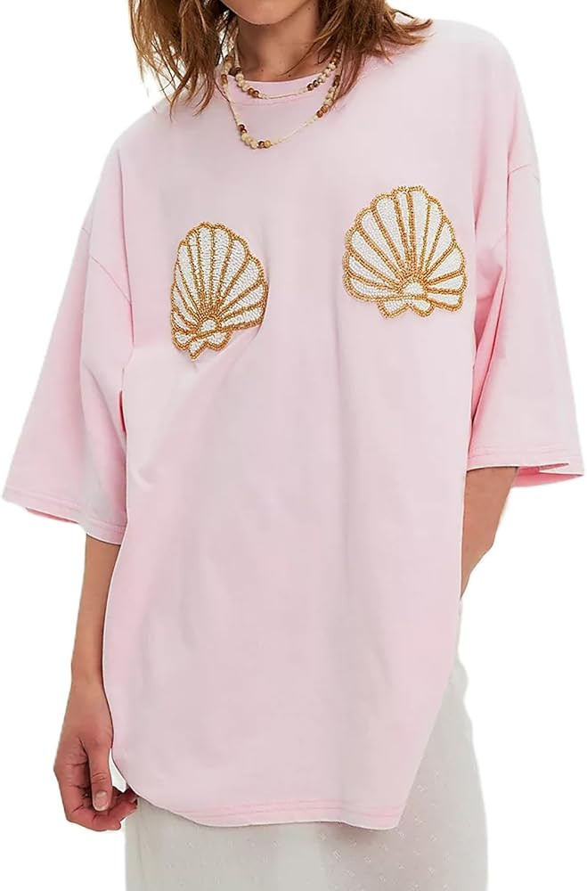 Womens Beaded Seashell Oversized Graphic Tee Shirts Y2k Vintage Beachy Baggy T Shirt Summer Coast... | Amazon (US)