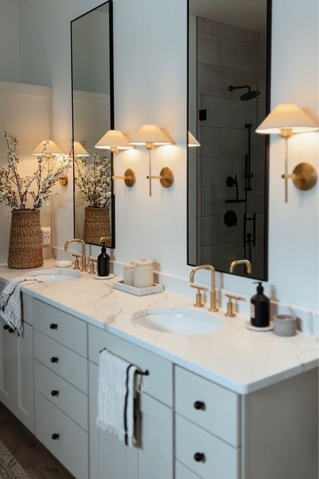 Primary bathroom, vanity, wall mirror, wall sconce, cabinet knob, interior decor

#LTKstyletip #LTKhome