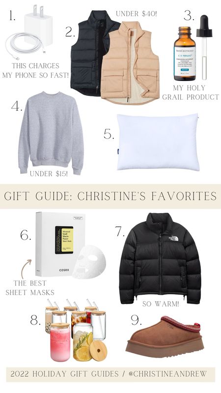 Holiday gift guide: Christine’s favorites ✨ 

Gift guides; gifts for her; gifts for bestie; north face; sheet masks; Casper pillow; amazon fashion; Nordstrom gifts; apple charger; skinceuticals; vitamin C; Ugg Tasman slippers#LTKGiftGuide 

#LTKHoliday #LTKSeasonal