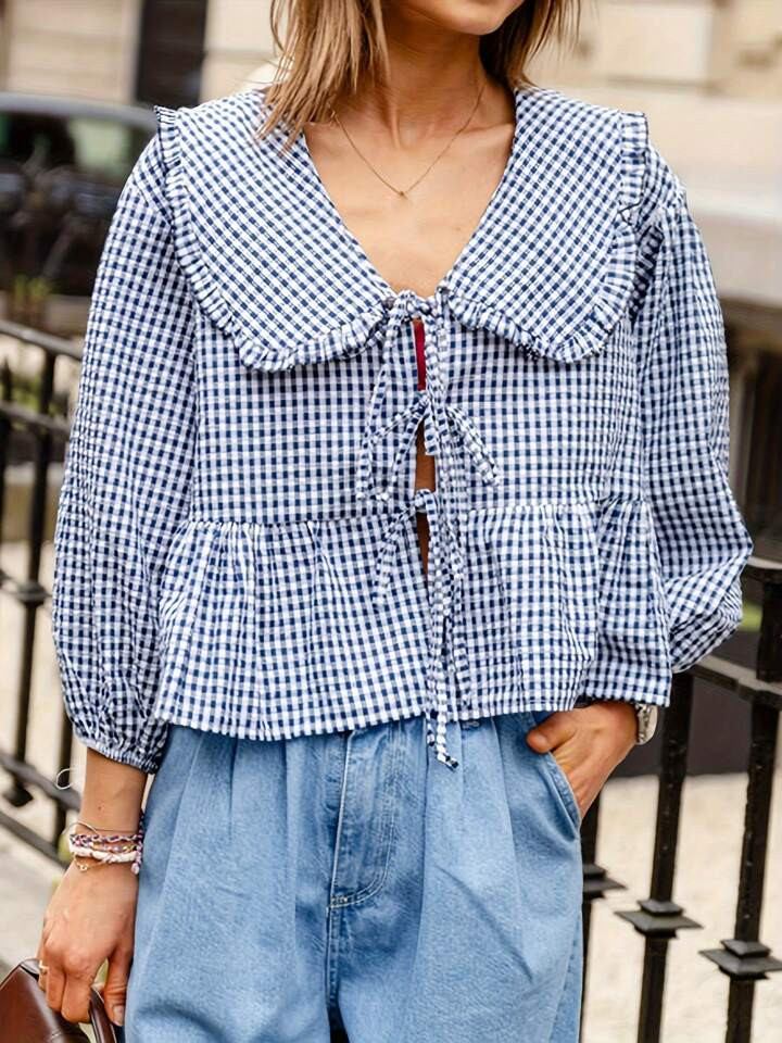 Women's Summer Sweet Shirt Plaid Print Lantern Long Sleeve Doll Collar Bow Tie-Up Front Loose Pep... | SHEIN