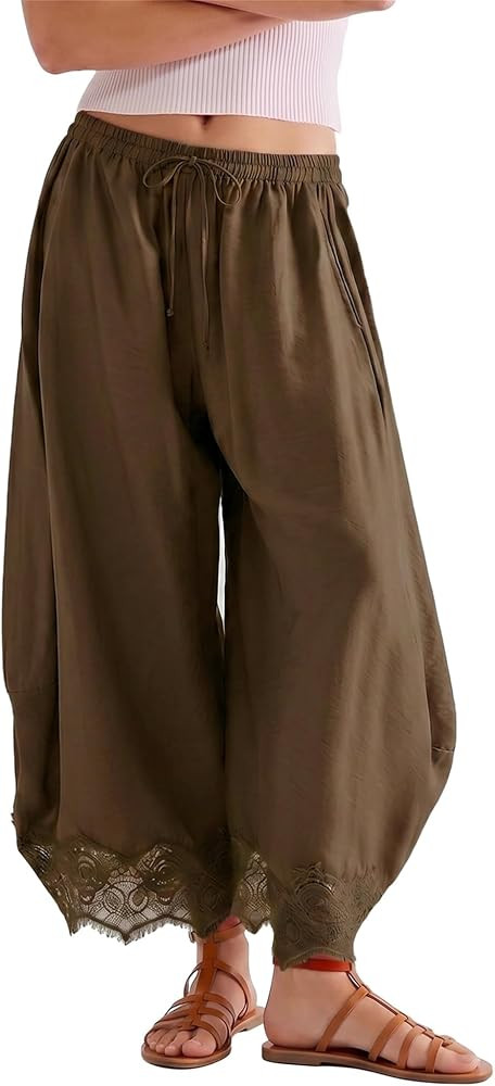 SeeLuNa Comfy Women's Pants Cropped Lace Hem Pants Summer Boho Drawstring High Rise Wide Leg Loun... | Amazon (US)
