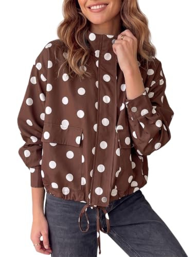 Fisoew Women Casual Cropped Jacket Polka Dot Zipper Up Oversized Fall Coat | Amazon (US)