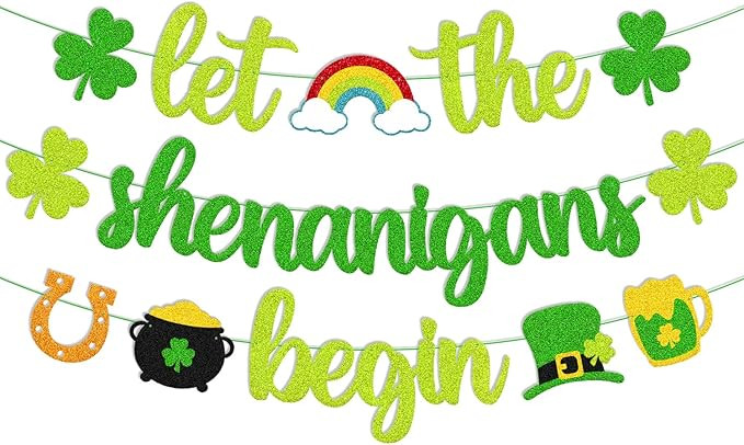 St Patrick Day Banner Let the Shenanigans Begin Banner Irish Day Party Decoration Glitter Green T... | Amazon (US)