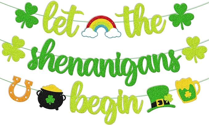 St Patrick Day Banner Let the Shenanigans Begin Banner Irish Day Party Decoration Glitter Green T... | Amazon (US)