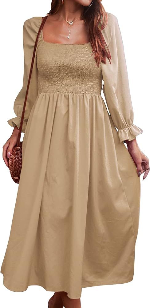 Zyyfly Women Square Neck Long Puff Sleeve Solid Color Flowy Smocked Midi Dress | Amazon (US)