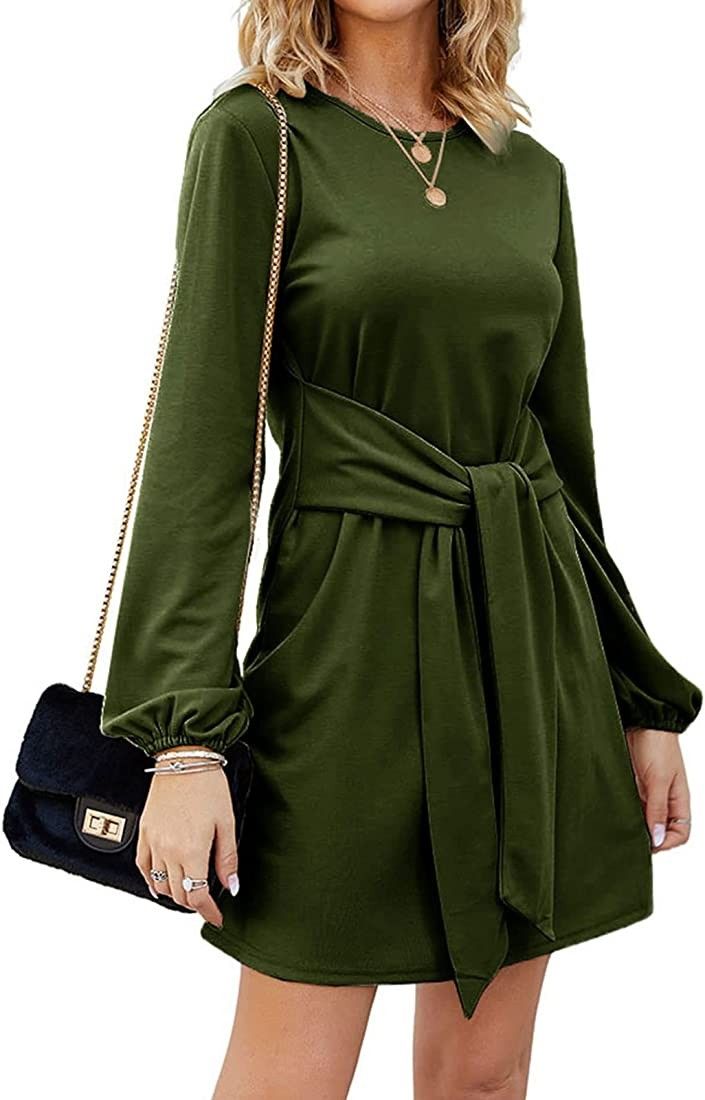 Tobrief Women's Fall Winter Long Lantern Sleeve Knit Short Dress Tie Waist Sweater Dress | Amazon (US)