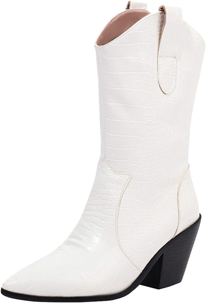 ZeniRuecWomen's Fashion Mid Calf Boot Block Heel Cowboy Half Boots Cowgirl Bootie Pull On | Amazon (US)