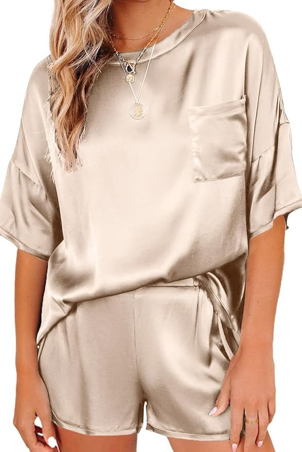 Ekouaer Satin Pajamas for Women Short Sleeve Silk Pajama Sets Soft Sleepwear Top with Causal Pj S... | Amazon (US)