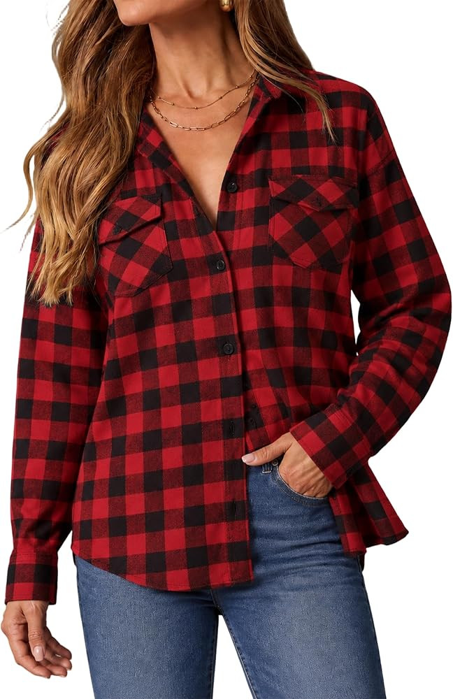 Oyamiki Womens Casual Cuffed Long Sleeve Boyfriend Button Down Plaid Flannel Shirt Tops | Amazon (US)