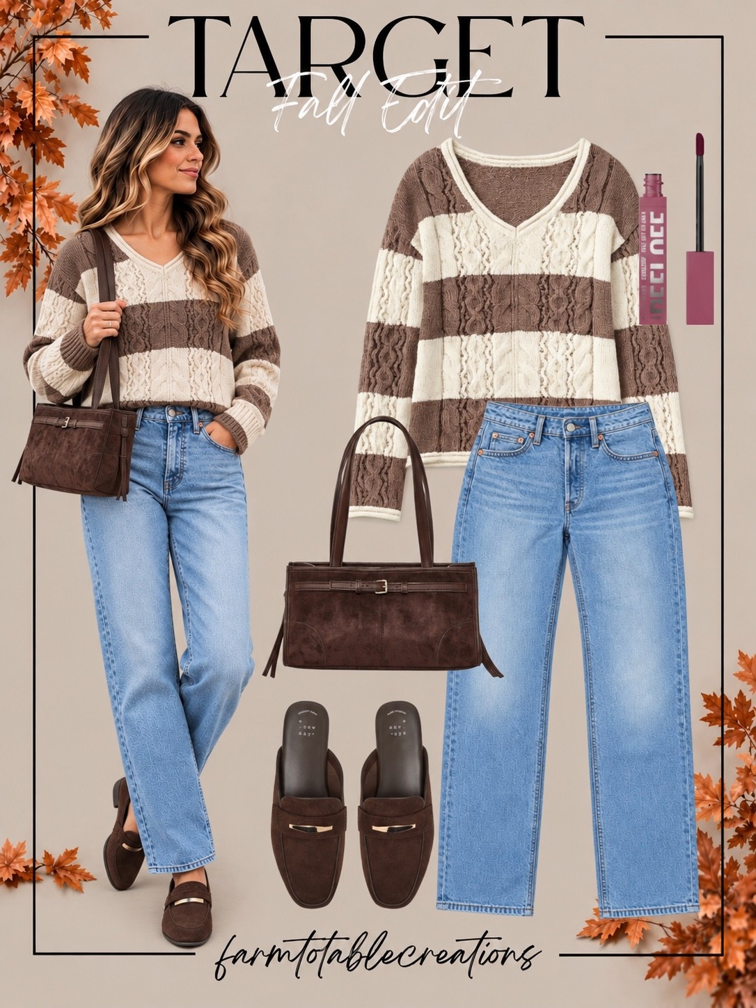 A LITTLE STRIPED SWEATER MOMENT 🤎

This Target fall outfit is such an easy combination to pull together! A brown-and-cream cable-knit sweater paired with relaxed jeans, brown loafer mules, and a matching shoulder bag. Add a berry lip, and you’re ready for crisp fall days.