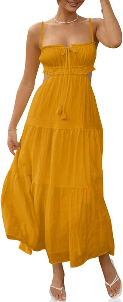 Fisoew Women's Spaghetti Strap Maxi Dress Summer Sleeveless Side Cut Out Dress Casual Boho Backle... | Amazon (US)