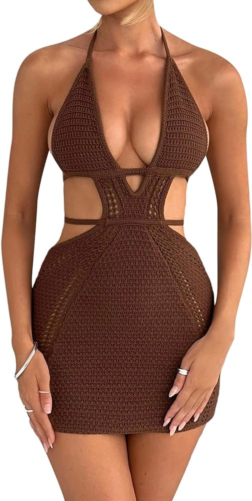 Women's Halter Bodycon Mini Dress Sleeveless Tie Backless Hollow Out Corset Knit Dress Wrap Dress... | Amazon (US)