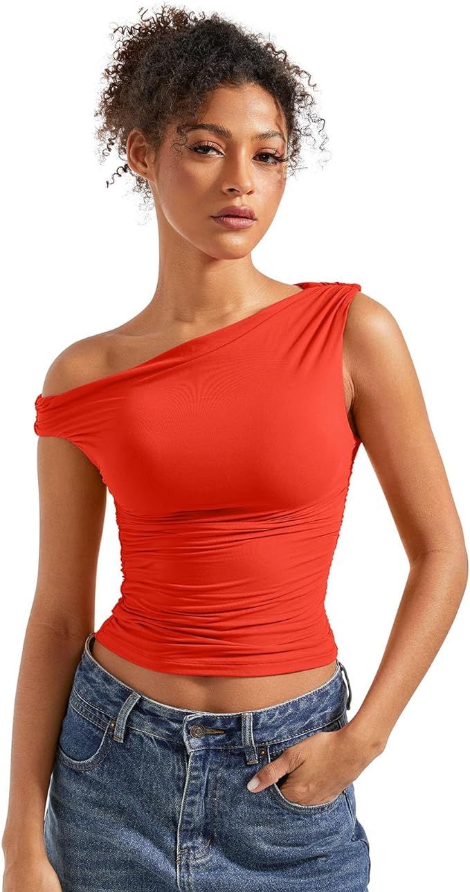 SUUKSESS Women Off Shoulder Tops Sleeveless Shirts Y2K Going Out Crop Tank Top | Amazon (US)