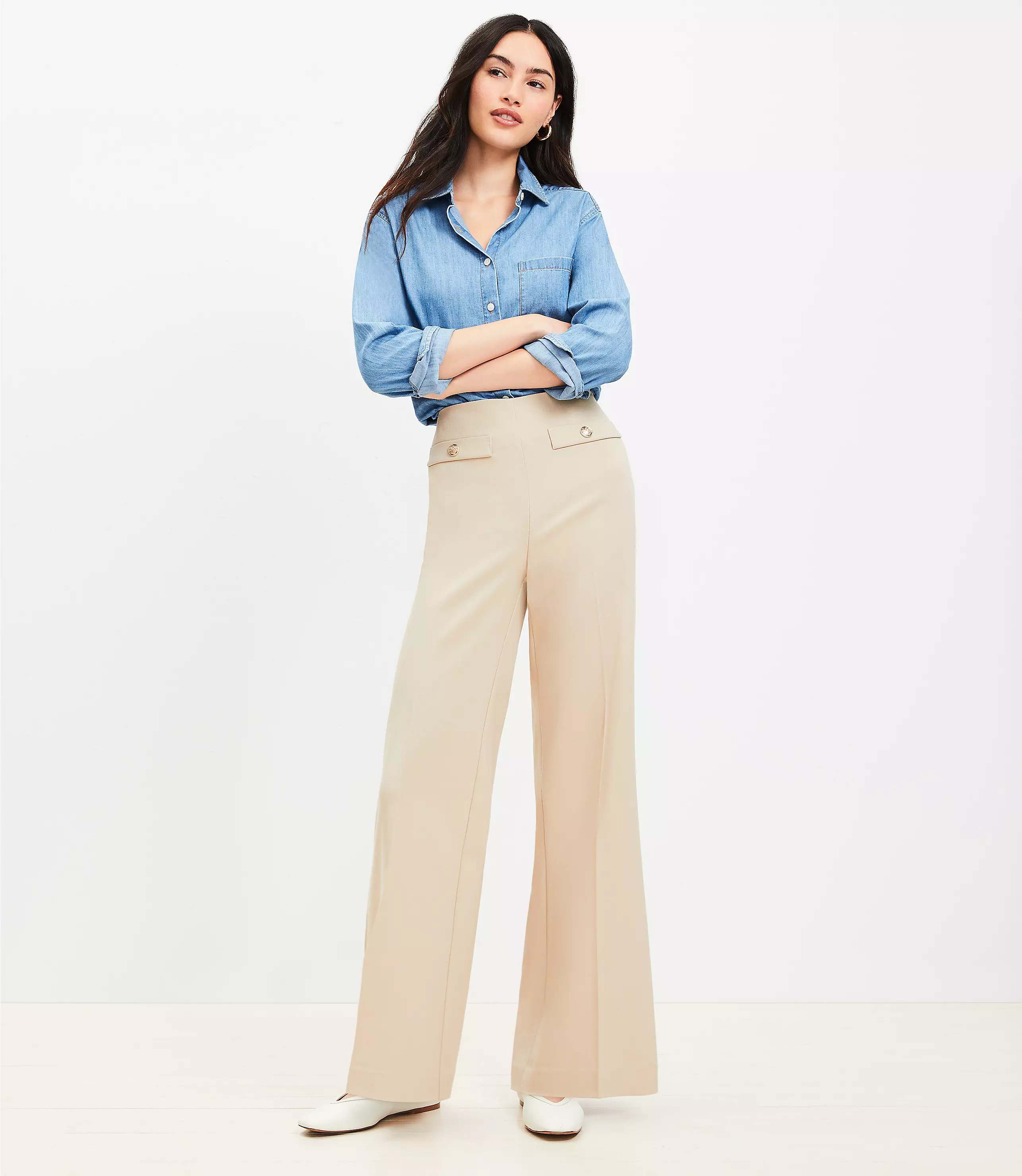 Button Trim Wide Leg Pants in Twill | LOFT