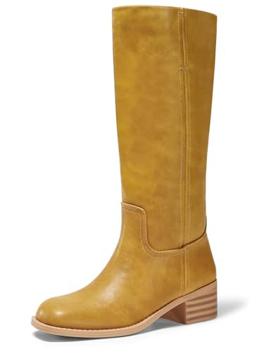 Coutgo Women's Knee High Boots Square Toe Chunky Block Heel Tall Boots Comfortable Low Heel Shoes, Banana Yellow, Size 8 | Amazon (US)