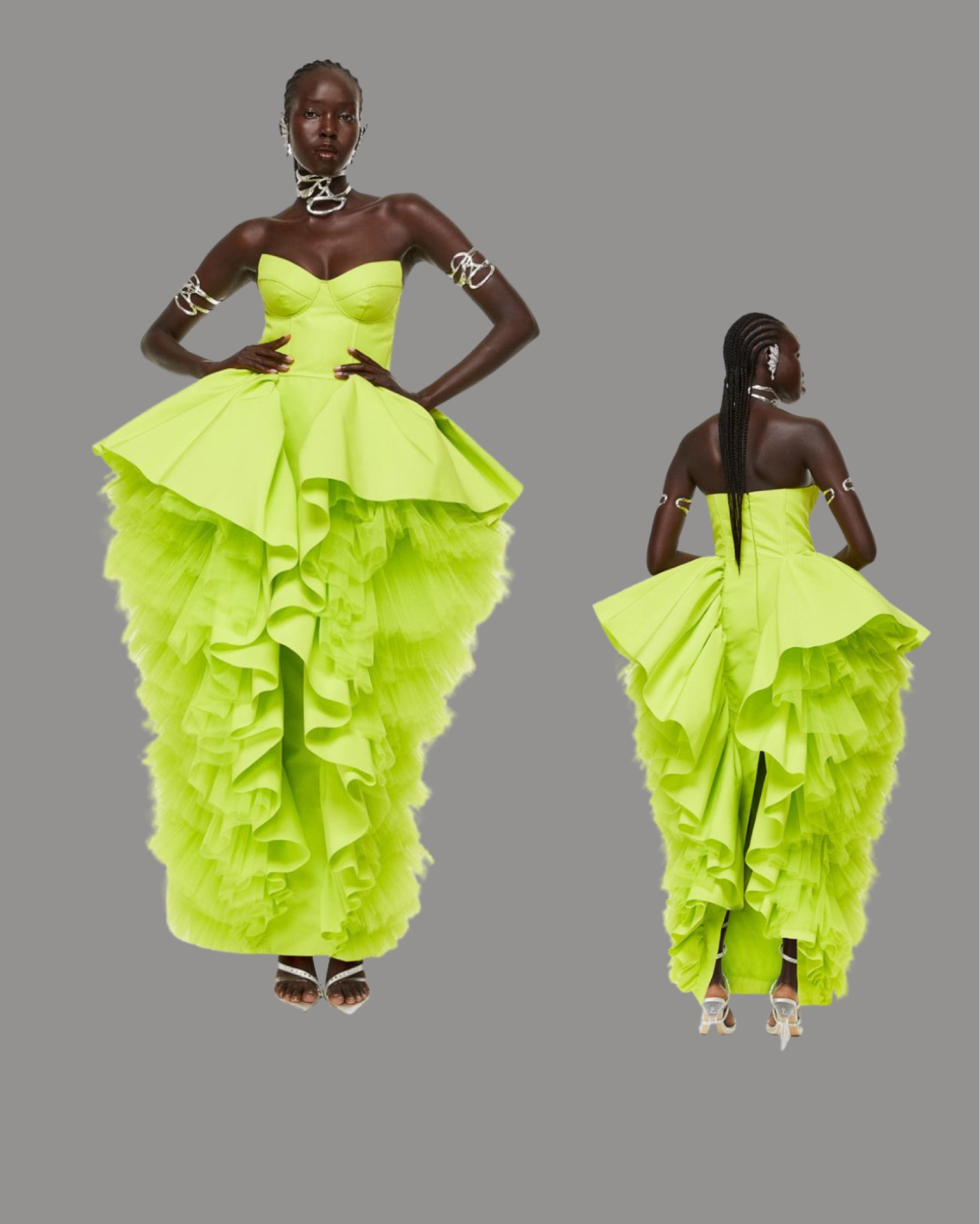 Metaverse design story
Innovation Metaverse Story. Fabulous evening dress in thick satin with voluminous, vertical flounces filled with layers of pleated tulle on skirt. Bustier-style bodice with padded cups, silicone trim inside upper edge, and boning all around to keep bodice in place. Internal grosgrain band at waist with hook-and-eye fasteners, concealed zipper at back with hook-and-eye fastener, and ankle-length skirt with a high slit at back. All textile materials are made from a single material to facilitate recycling. All fabric made from textile-to-textile recycled polyester.

#LTKwedding #LTKHoliday #LTKstyletip