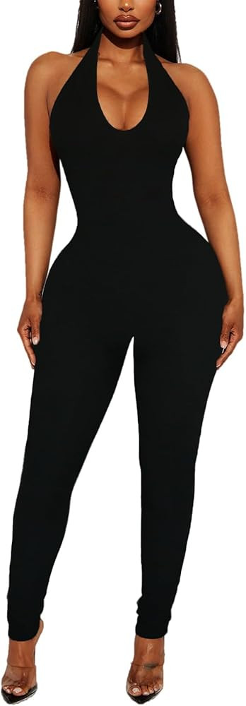 Women's Halter Bodycon Black Jumpsuits - One Piece Backless Leopard Summer Casual Workout Club Pa... | Amazon (US)