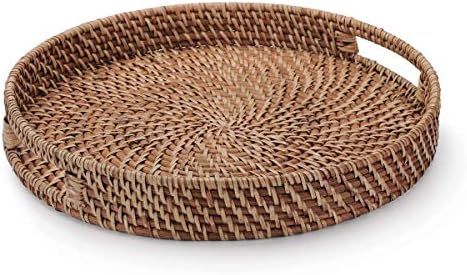 Amazon.com: 13.8 inch Rattan Tray, Round Wicker Tray with Cut-Out Handles, Woven Serving Tray for... | Amazon (US)