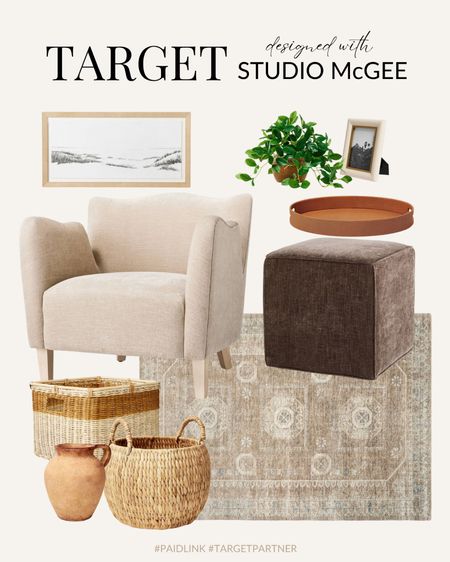 Target Studio McGee, upholstered accent chair , ceramic case, woven basket, upholstered cube ottoman, trays picture frame, wall art area rug, artificial plant 

#LTKsalealert #LTKhome #LTKstyletip