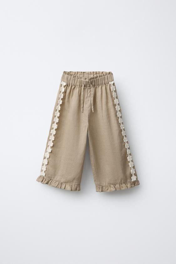100% LINEN EMBROIDERED FLORAL PANTS | Zara US