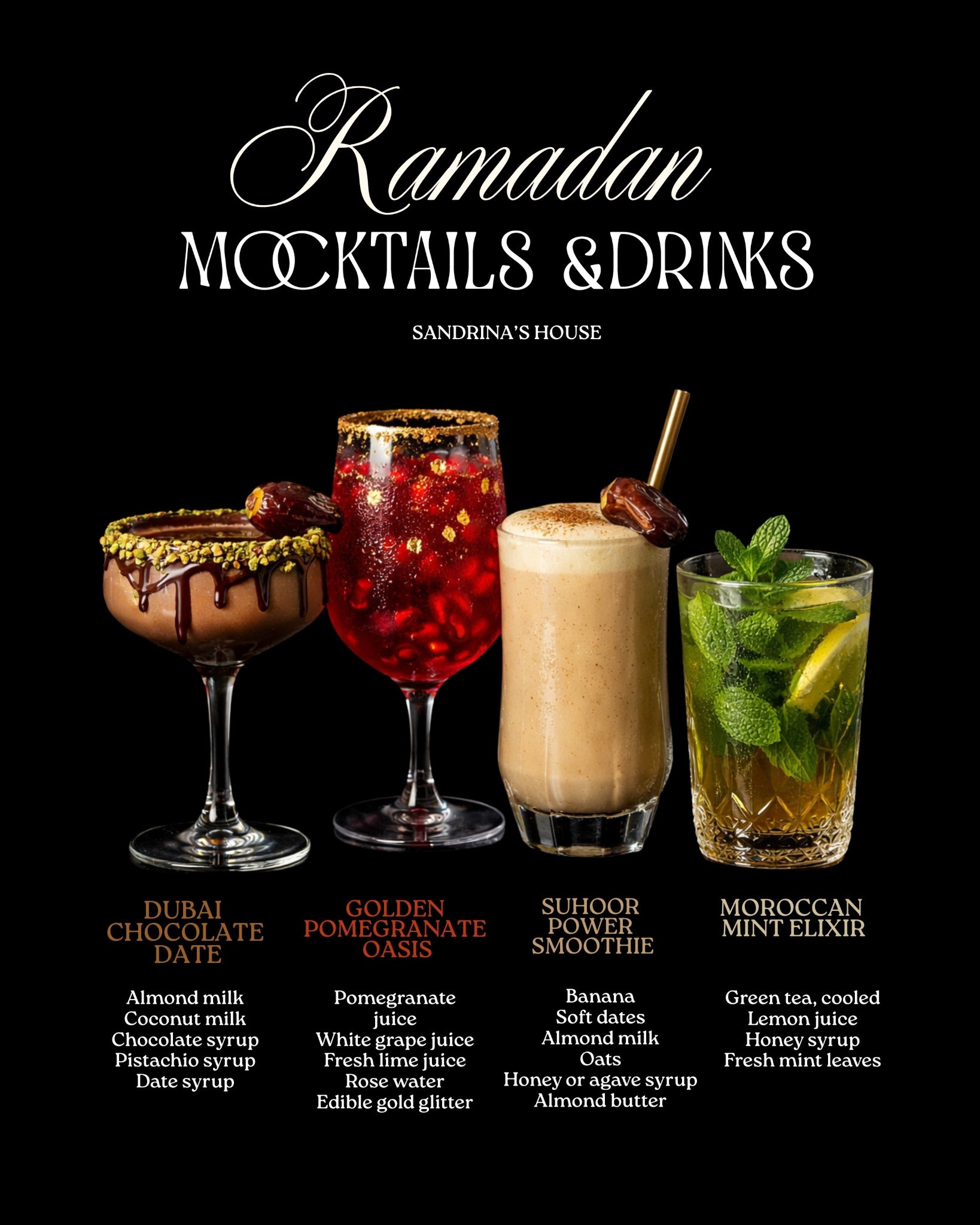 Ramadan Mocktail Series | Luxury Iftar & Suhoor Drinks

A luxury Ramadan mocktail collection inspired by warm evenings, Dubai-style flavors and elegant gatherings at home. This series includes four alcohol-free drinks perfect for Iftar and Suhoor — from a creamy Dubai Chocolate Date Mocktail to a refreshing Moroccan Mint Elixir and a hydrating power smoothie for the morning before fasting begins.

All drinks are easy to recreate at home and designed to bring a cozy, elevated Ramadan atmosphere to your evenings. Shop the glasses, tools and ingredients used in this series below to recreate the full experience.

#LTKhome