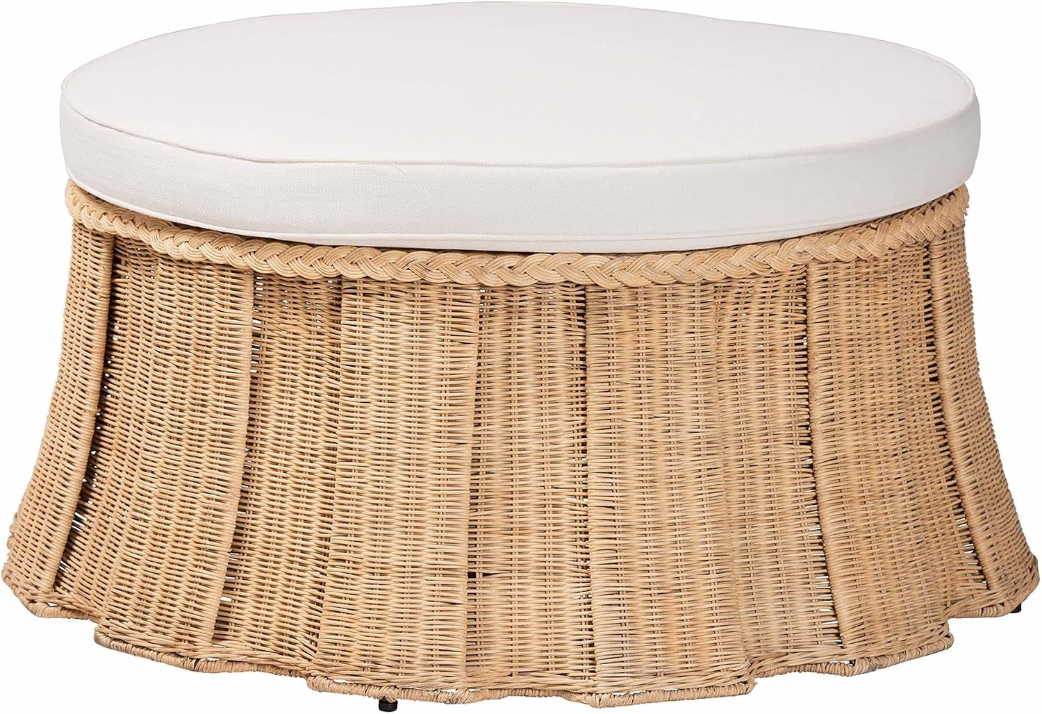 Bali & pari Ying Round Natural Rattan Ottoman with Cushion - Handwoven Wicker Pleated Skirt Accent Coffee Table or Extra Seating for Living Room or Sunroom, Large | Amazon (US)