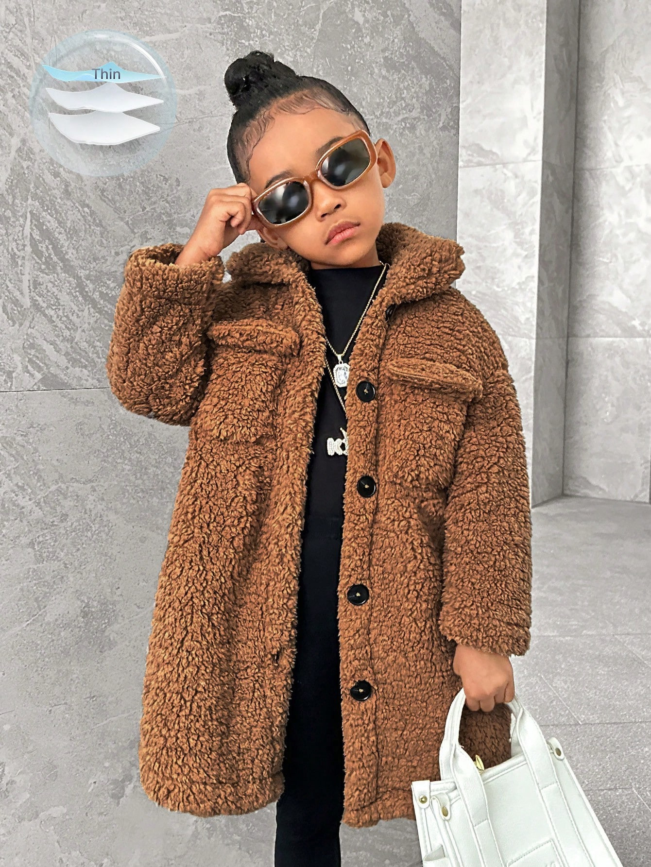 SHEIN Young Girl Casual Coral Fleece Mid-Length Lapel Collar Long Sleeve Coat For Winter | SHEIN