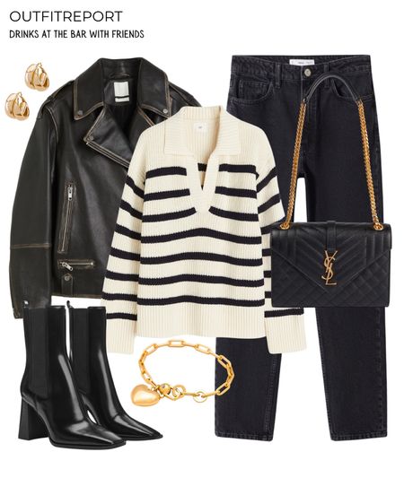 Leather jacket striped jumper sweater black denim jeans black Chelsea booties

#LTKstyletip #LTKshoecrush #LTKitbag