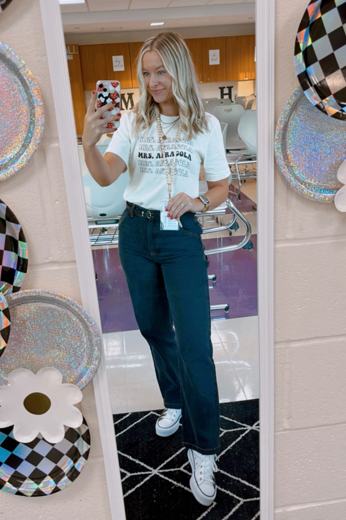 Pants are a size 4. 
Shirt is color “natural”, size small. 
Lanyard is 34 inches!
Converse were customized!
🤍🤍🤍
