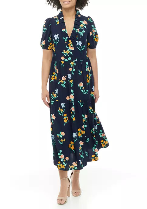Women's Printed Puff Sleeve Ruffle Midi Dress | Belk