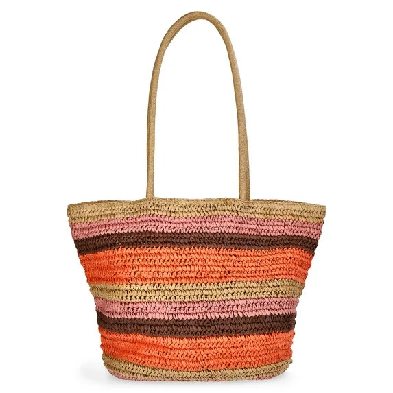 Time and Tru Women's Striped Straw Tote Bag, Peach | Walmart (US)