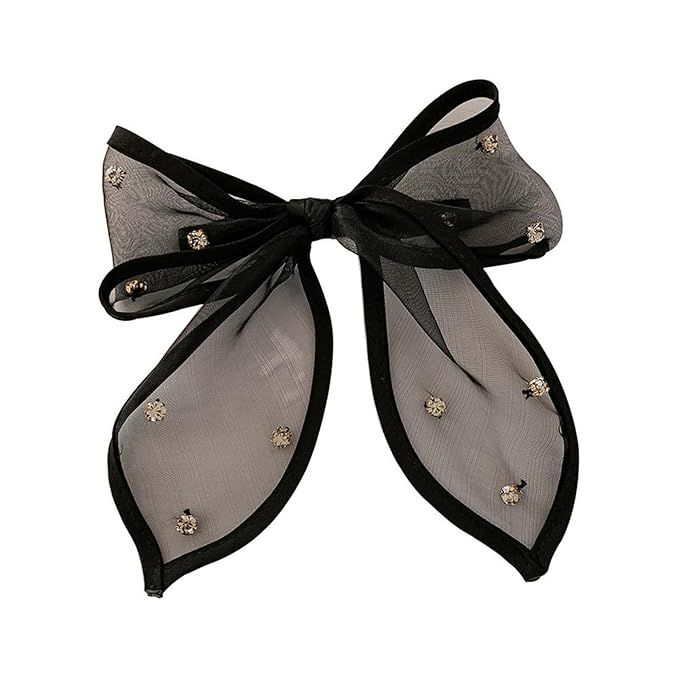 LINAYOHA 1Pcs Black Mesh Tulle Rhinestone Hair Bow Clip with Long Tail for Girls Women Hair Bow p... | Amazon (US)