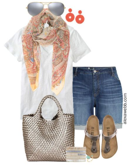 Plus Size Spring Scarf Outfits - Part 2 - A plus size casual outfit for spring into summer with a lightweight scarf and denim shorts and Birkenstock sandals by Alexa Webb.

#LTKSeasonal #LTKStyleTip #LTKPlusSize